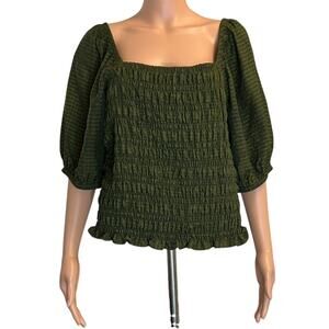 Old Navy Olive Green Smocked Top puff sleeves and textured dobby fabric size Lg